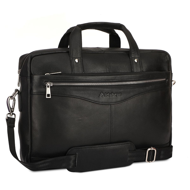 "Elegant black Aldebran leather laptop bag with shoulder strap and silver zipper detailing."